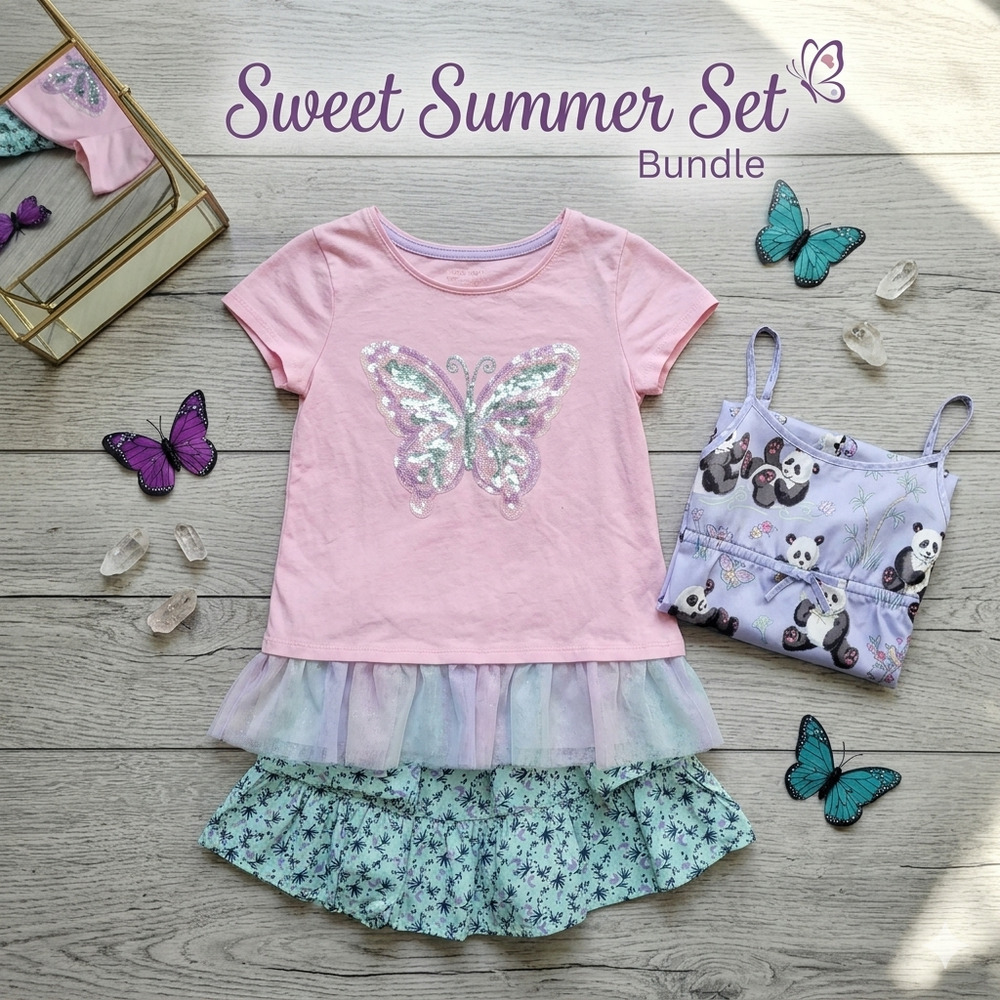 ​Girls 7/8 Summer Bundle: Butterfly Tee, Tiered Skirt & Panda Sleep Cami